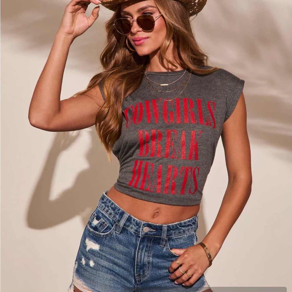Vici Gray and Red Graphic Crop Top